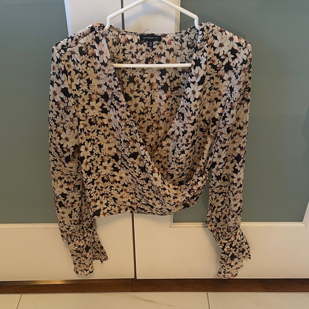 Dynamite Floral Wrap Blouse - Black and Cream